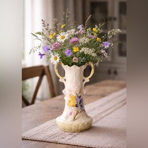 Antique Hand Painted Porcelain Vase Floral Gold Handles Victorian Art Nouveau